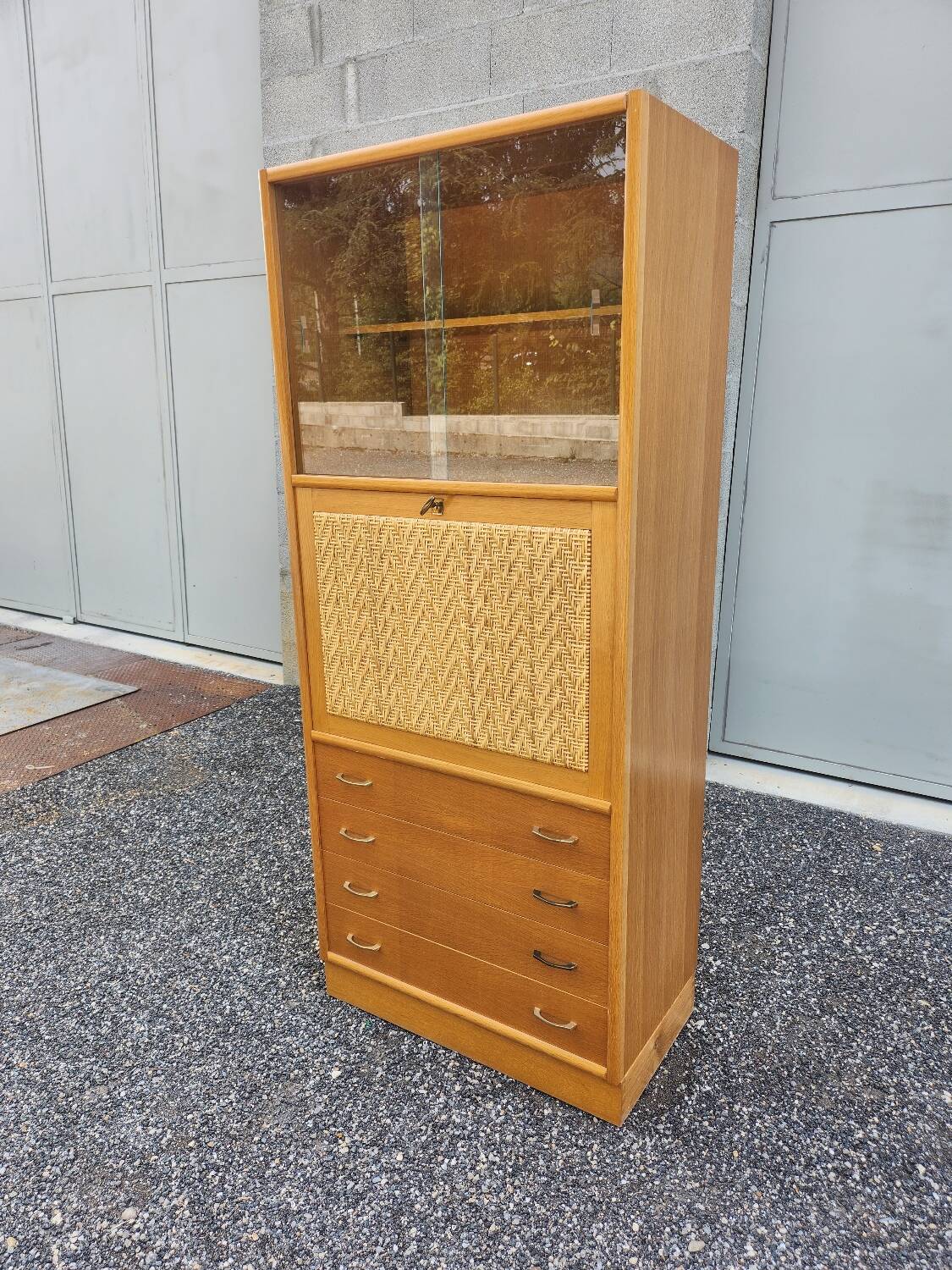 Old vintage rattan oak secretary desk bookcase