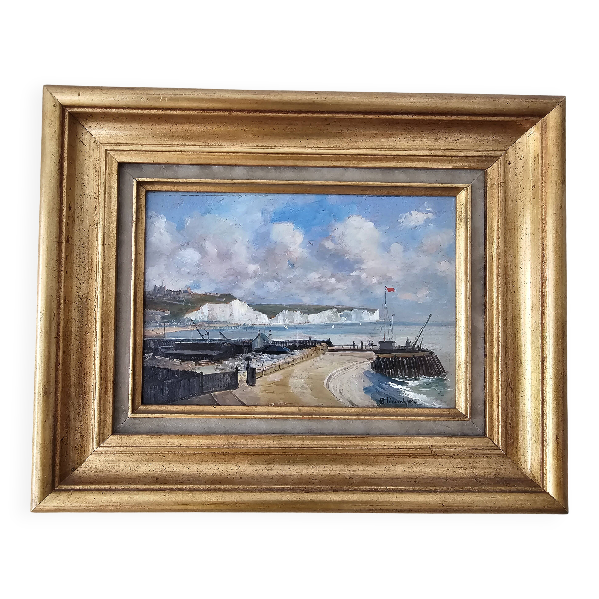 Oil Painting on Wood - Marine Seaside Cliffs of Dover signed Clémond?