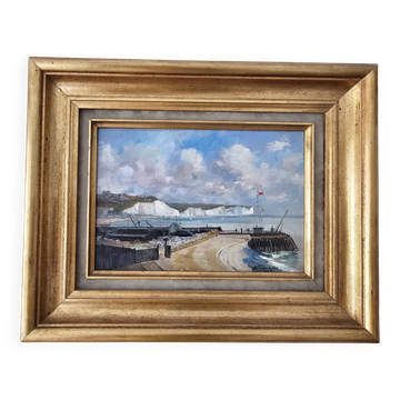 Oil Painting on Wood - Marine Seaside Cliffs of Dover signed Clémond?