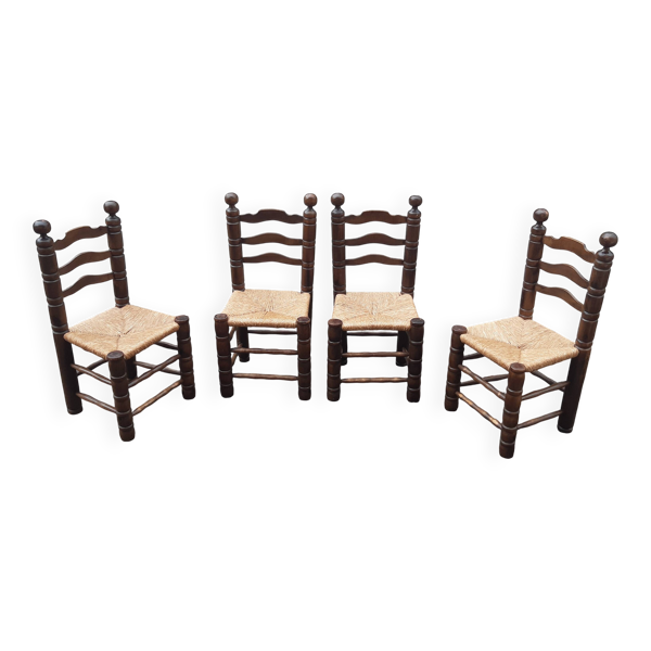 4 chaises brutalistes en bois tourné et paille