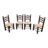 4 brutalist chairs in turned wood and straw
