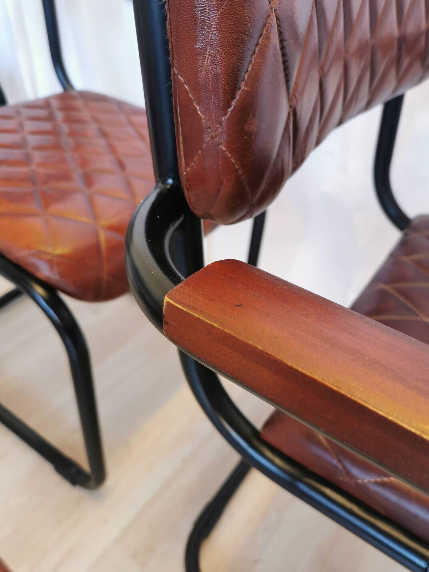 Set of 6 Vintage Cognac Leather Dining Chairs: Quilted Industrial Armchair