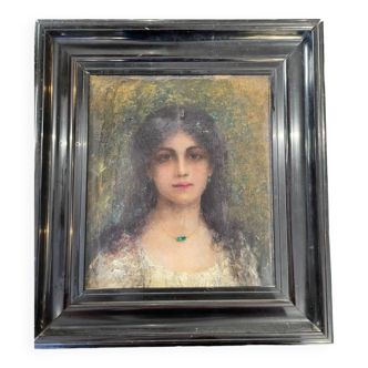 Young Woman With an Emerald Necklace Oil On Canvas 19th Century by Salomon? HART