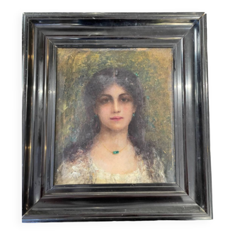 Jeune femme au collier d'émeraude huile sur toile XIXeme  par salomon ? hart