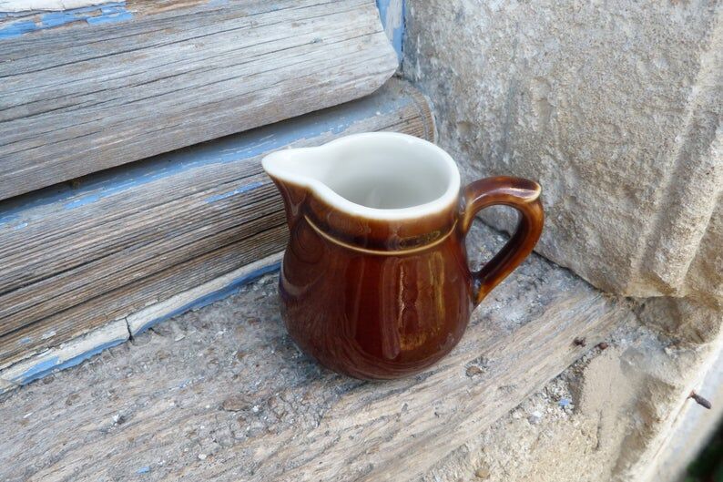Small white brown ceramic milk pot bistro style