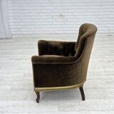 Fauteuil scandinave des années 1950, velours vert, bois de frêne.