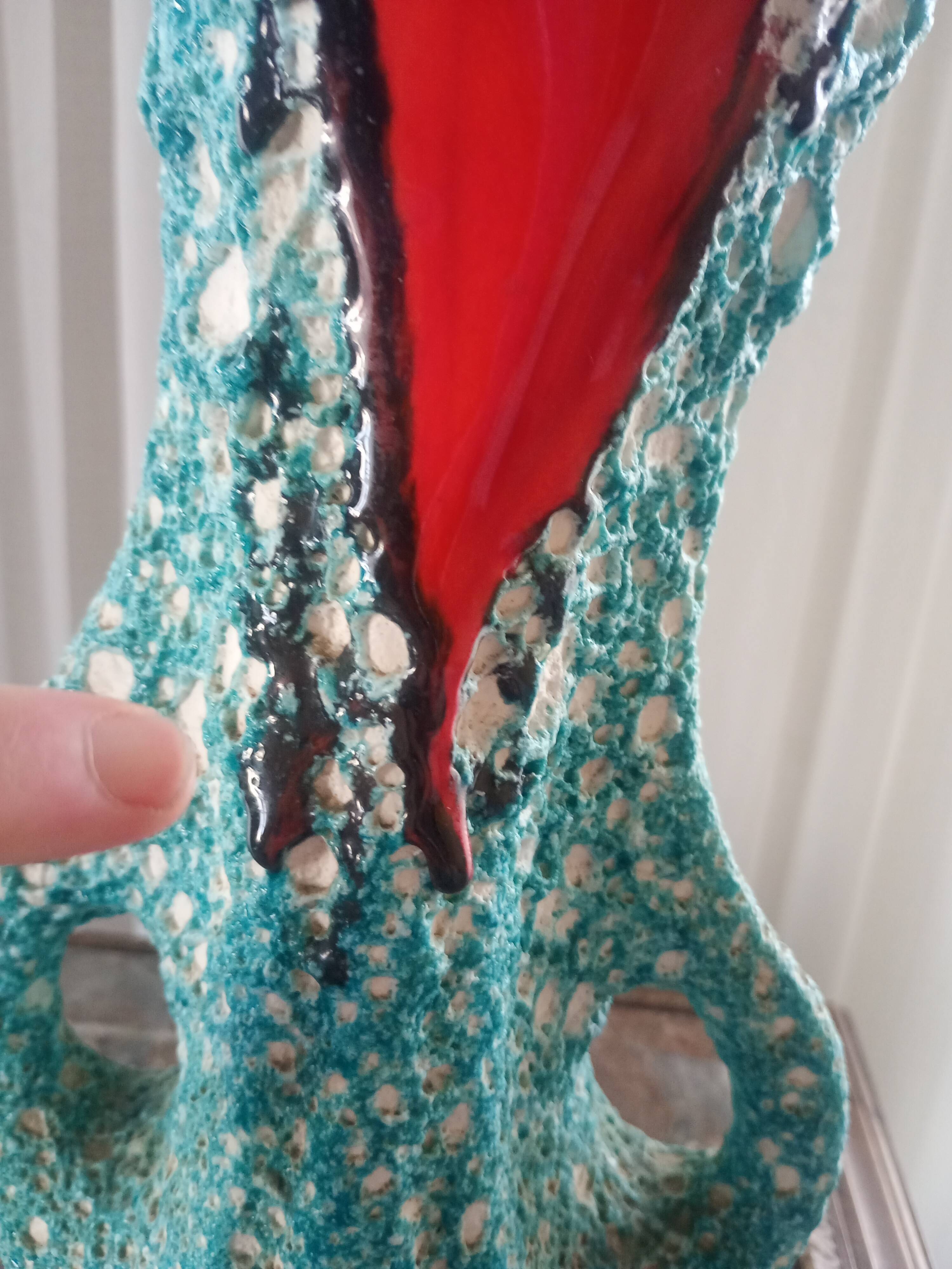Turquoise "lava" double-handled vase - red & black enamel drips