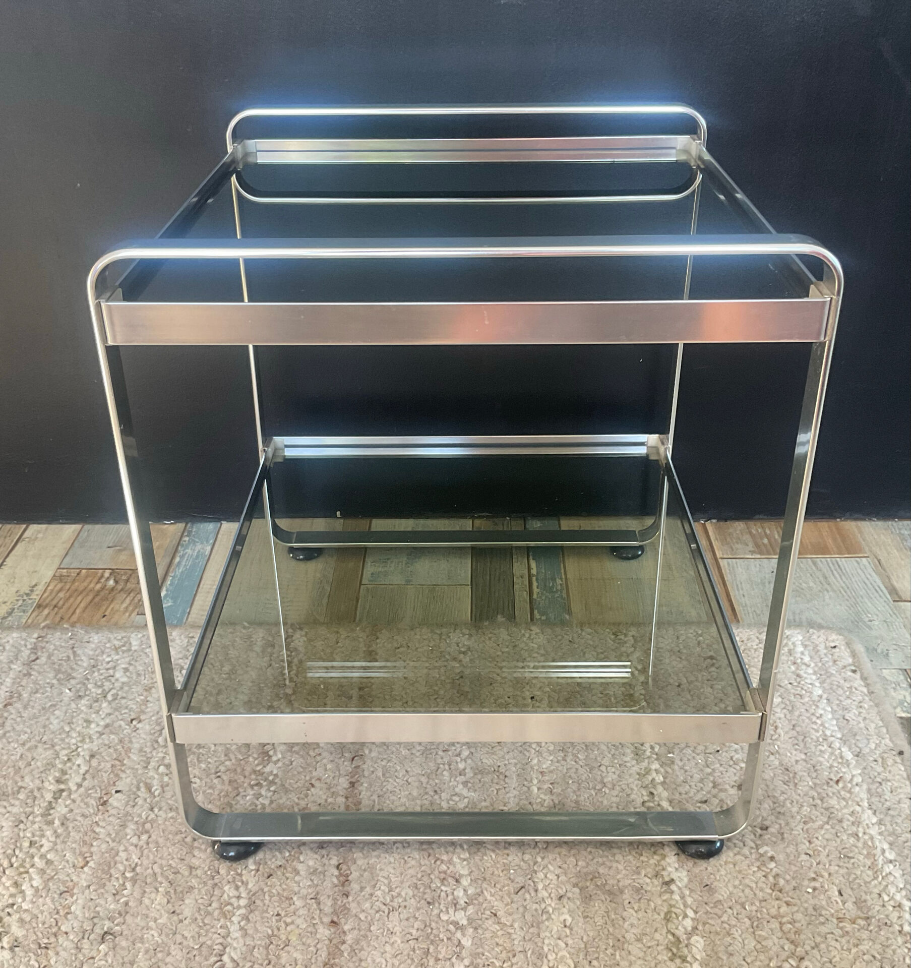 Space Age side table in aluminium and smoked glass