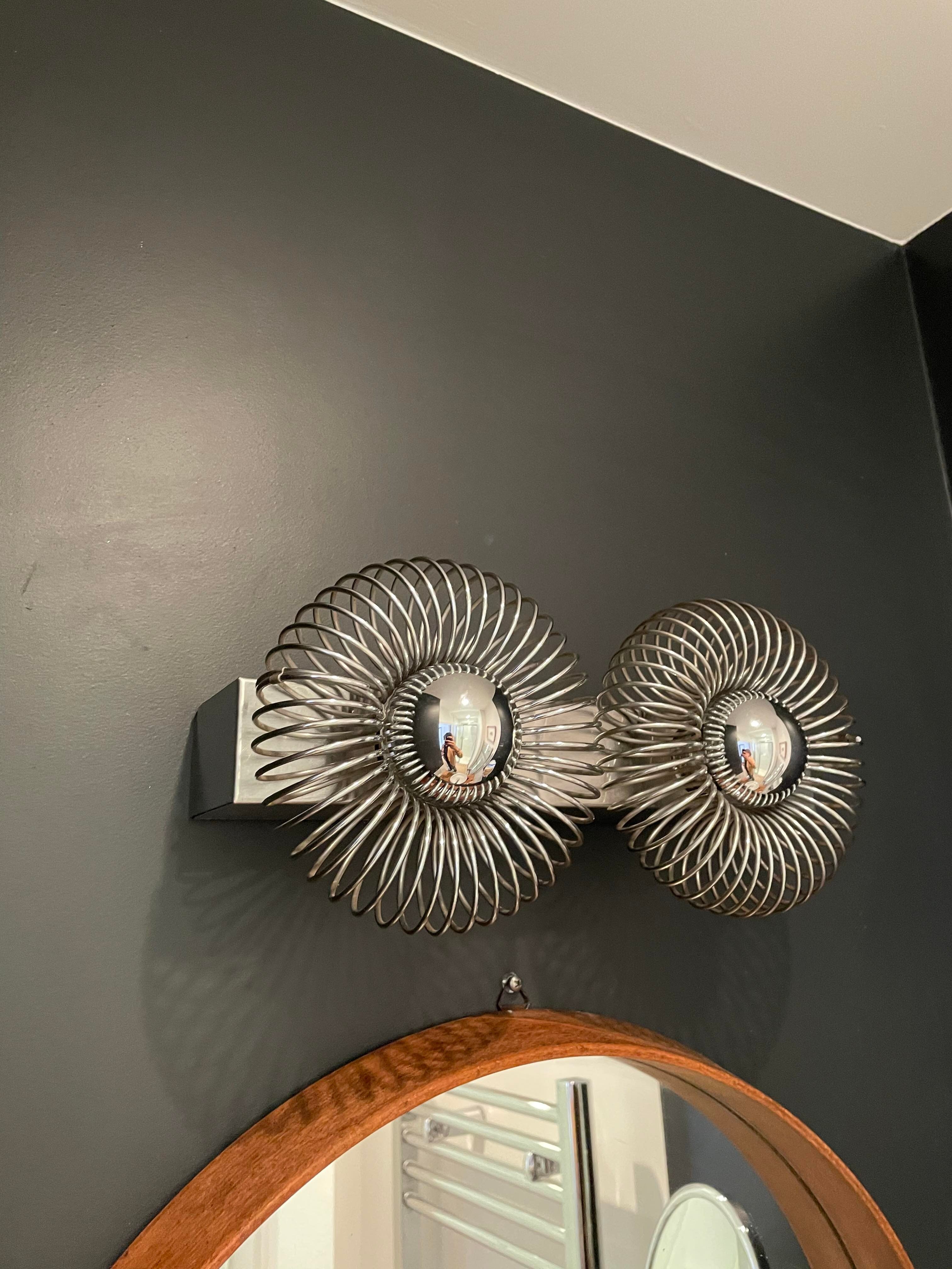 Pair of italian wall lamps vintage spring chrome , 1970