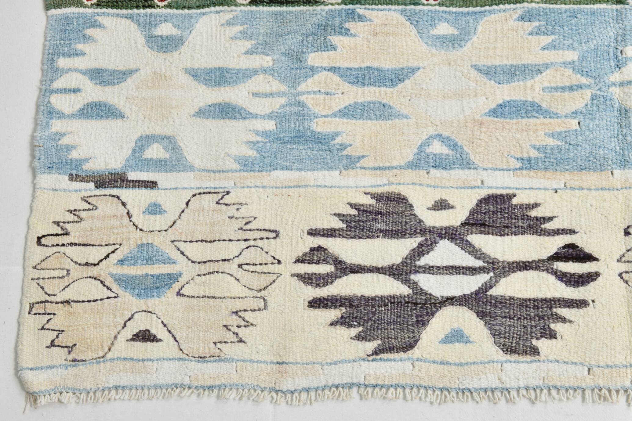 5x8 Burgundy & Light Blue Rare Geometric Style Wool Kilim Rug, 144x241 Cm