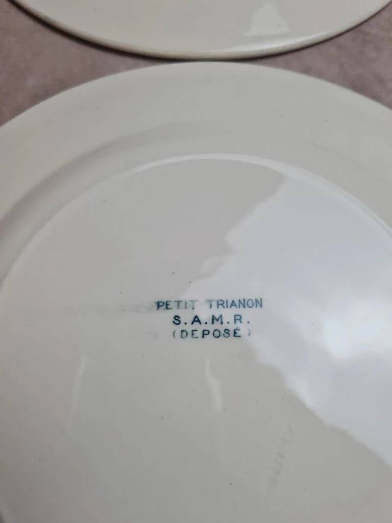 Set of 12 antique Salins "Petit Trianon" blue ironstone dinner plates.