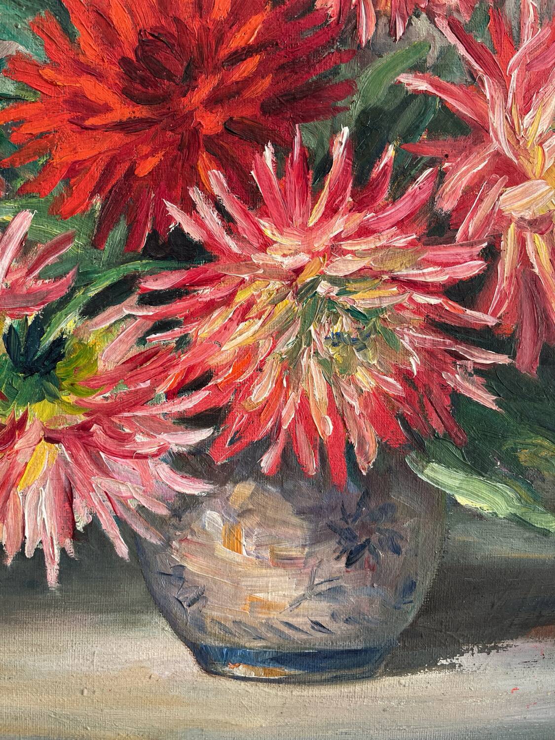 Peinture ancienne tableau huile sur toile fleurs dahlias 