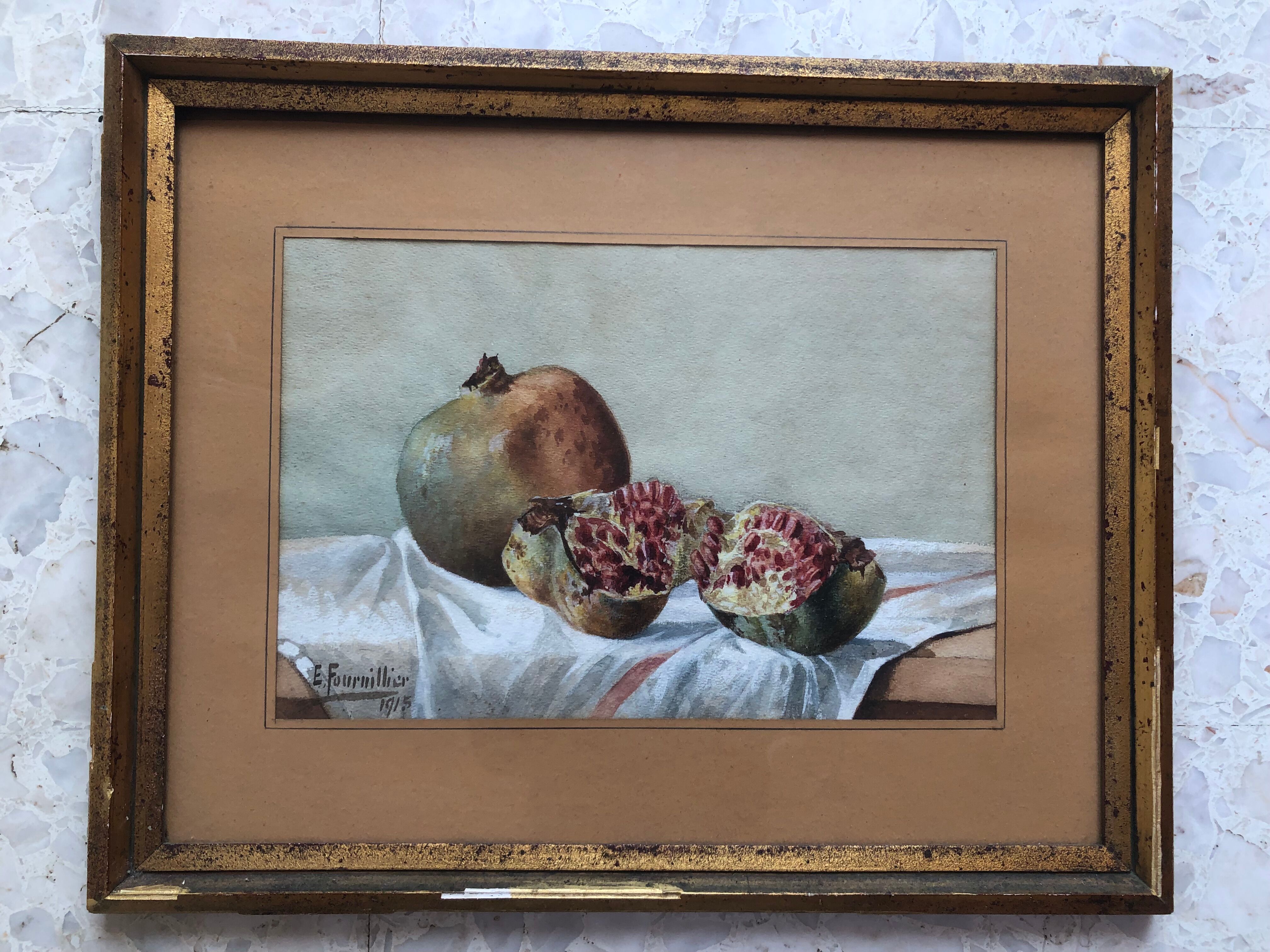 Watercolor "les grenades" signed e. fournillier 1915, in gilded wood frame, still life, perpignan 66