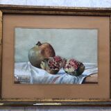 Watercolor "les grenades" signed e. fournillier 1915, in gilded wood frame, still life, perpignan 66