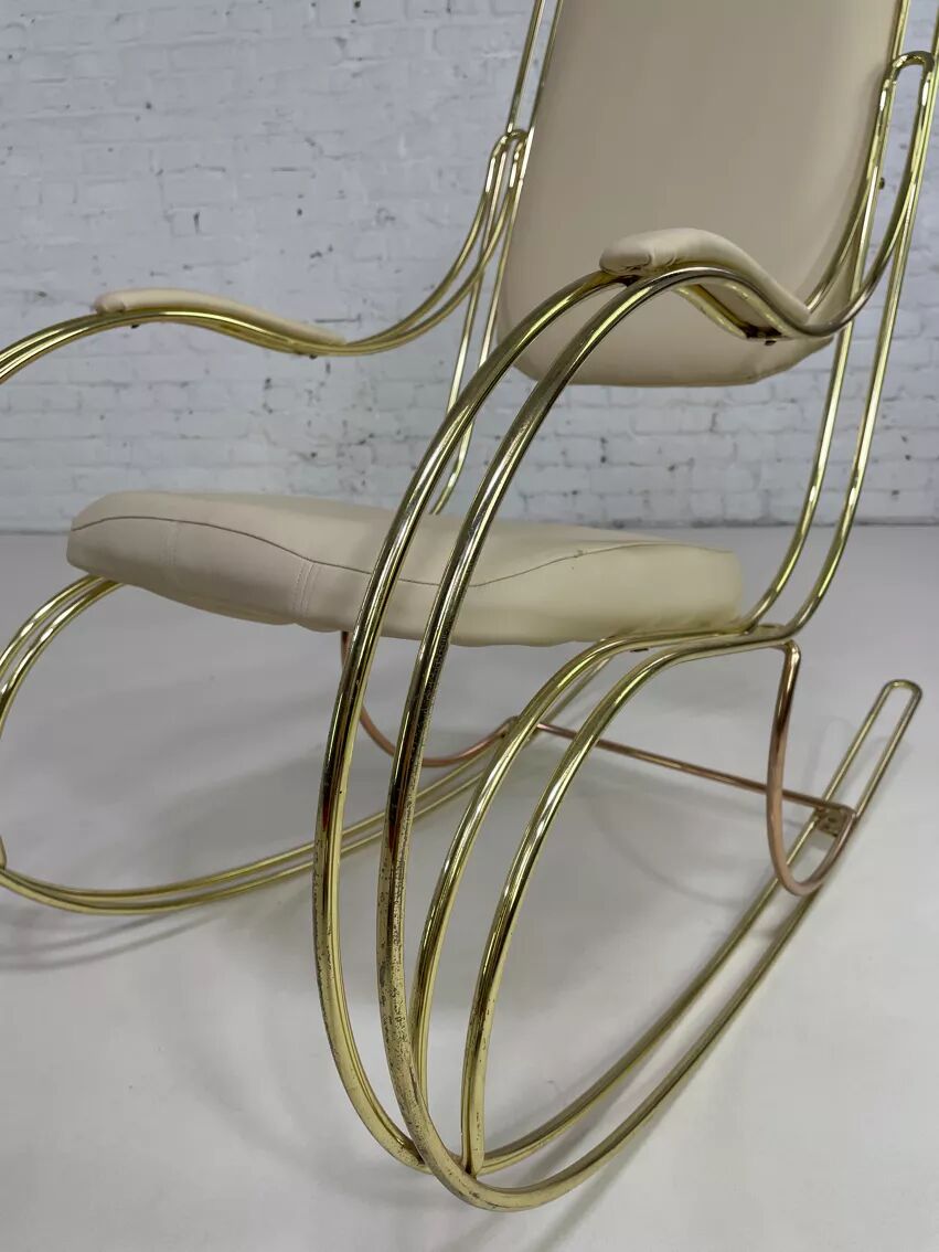 60s rocking chair in brass and ecru faux leather