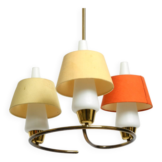 Mid Century brass ceiling lamp with glass and fabric shades by JT Kalmar
