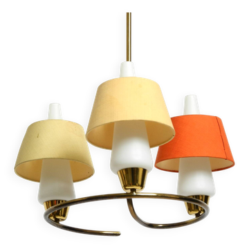 Mid Century brass ceiling lamp with glass and fabric shades by JT Kalmar