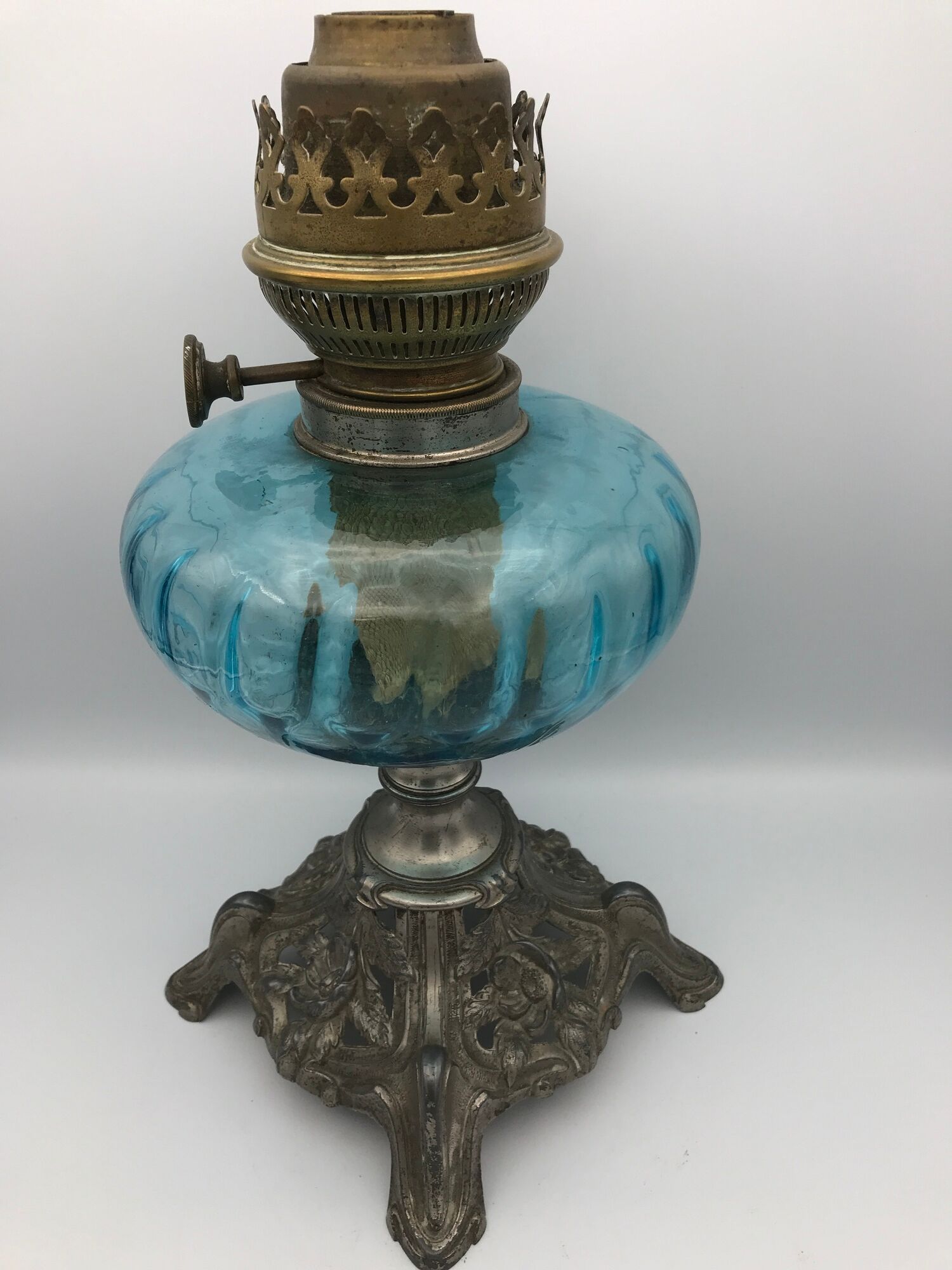 Regulated kerosene lamp foot baroque style blue glass bowl
