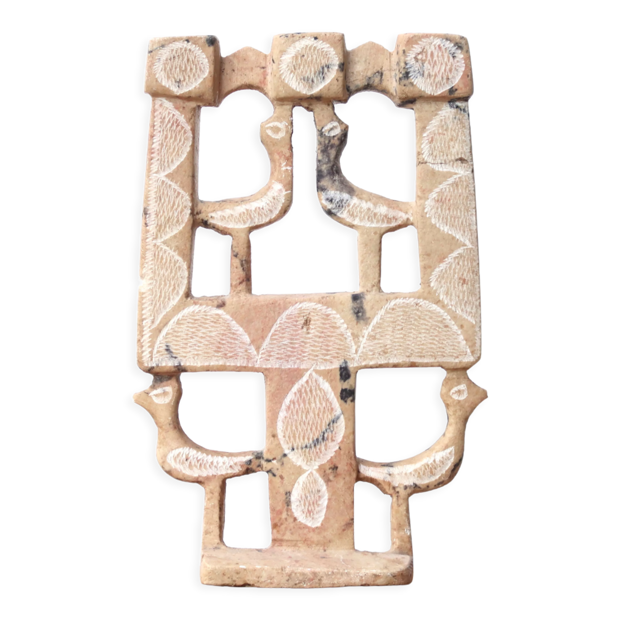 Moroccan candle holder in stone decorated with birds, 70s