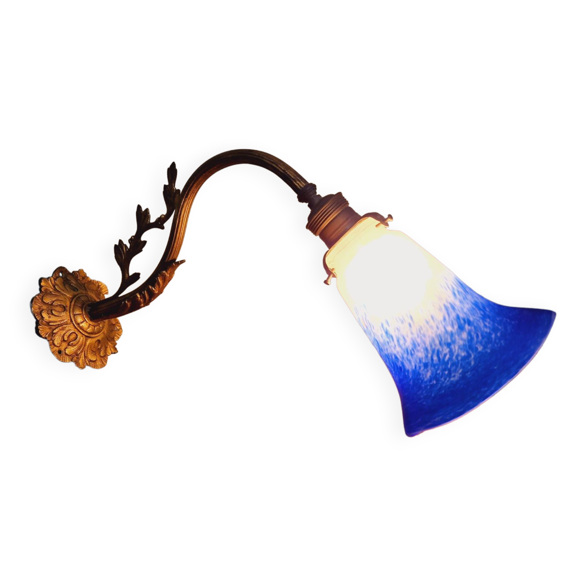 Wall light in gilded bronze and blue marmoreal glass, early 20th century