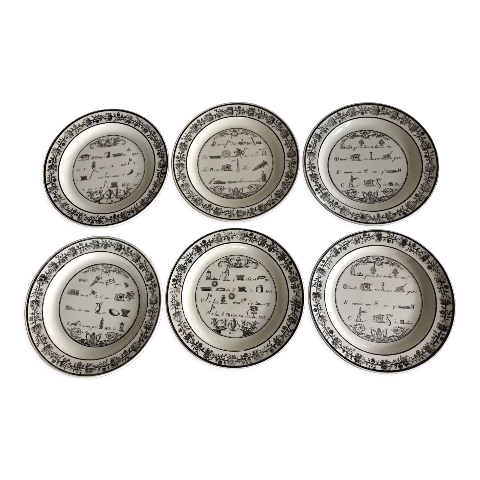 Lot of 6 plates in fine earthenware from choisy-le-roi, p&h, rebus décor; xixth