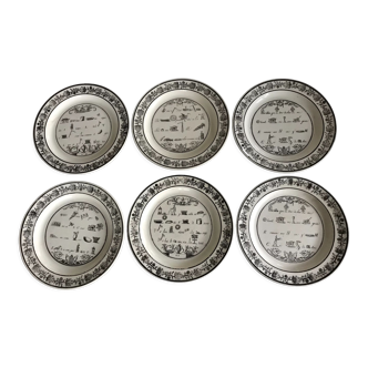 Lot of 6 plates in fine earthenware from choisy-le-roi, p&h, rebus décor; xixth