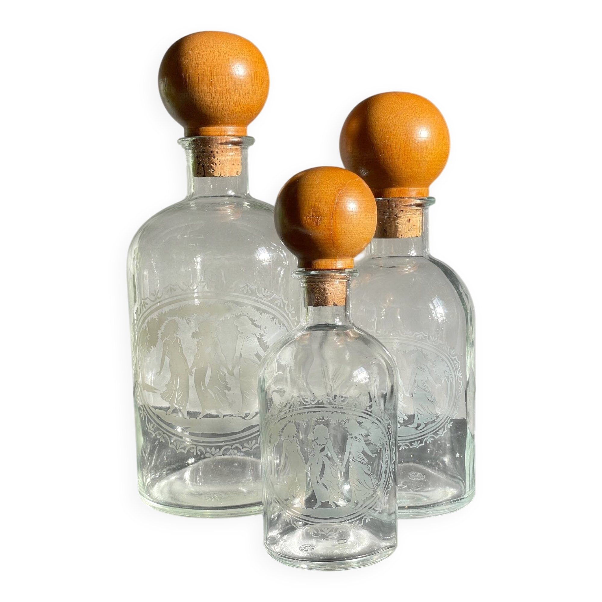 BOTTLES Engraved Glass and VINTAGE Wood