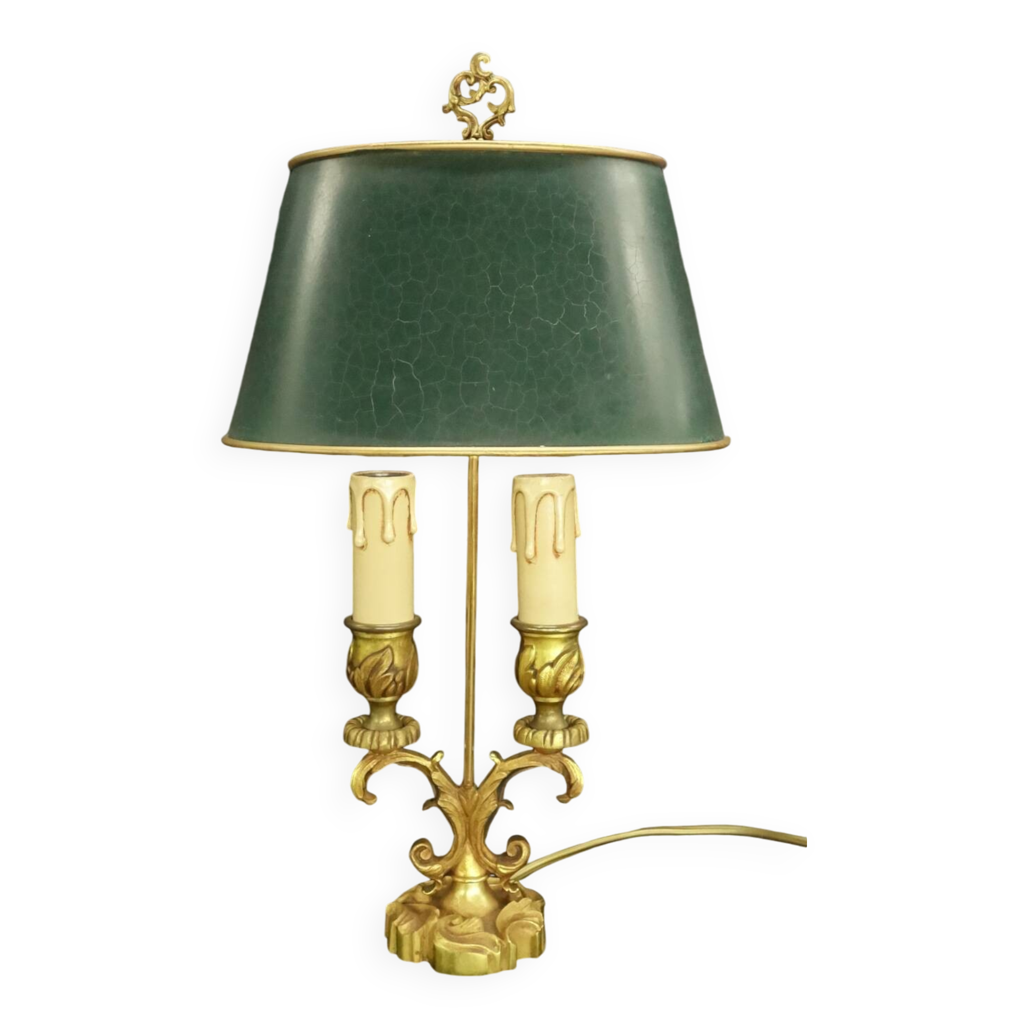 Louis XV style lamp from Lucien GAU - green sheet metal lampshade with cracked effect