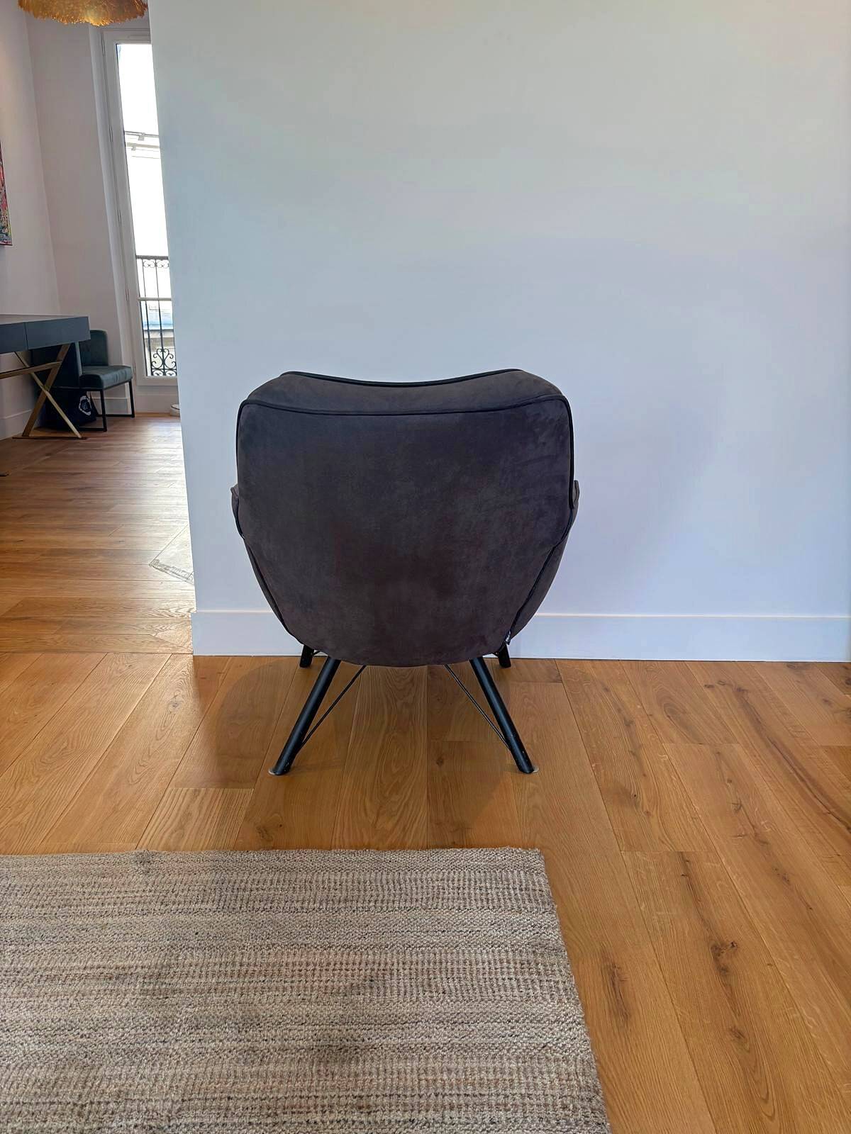 Pair of Joe PMP furniture armchairs in anthracite grey fabric.