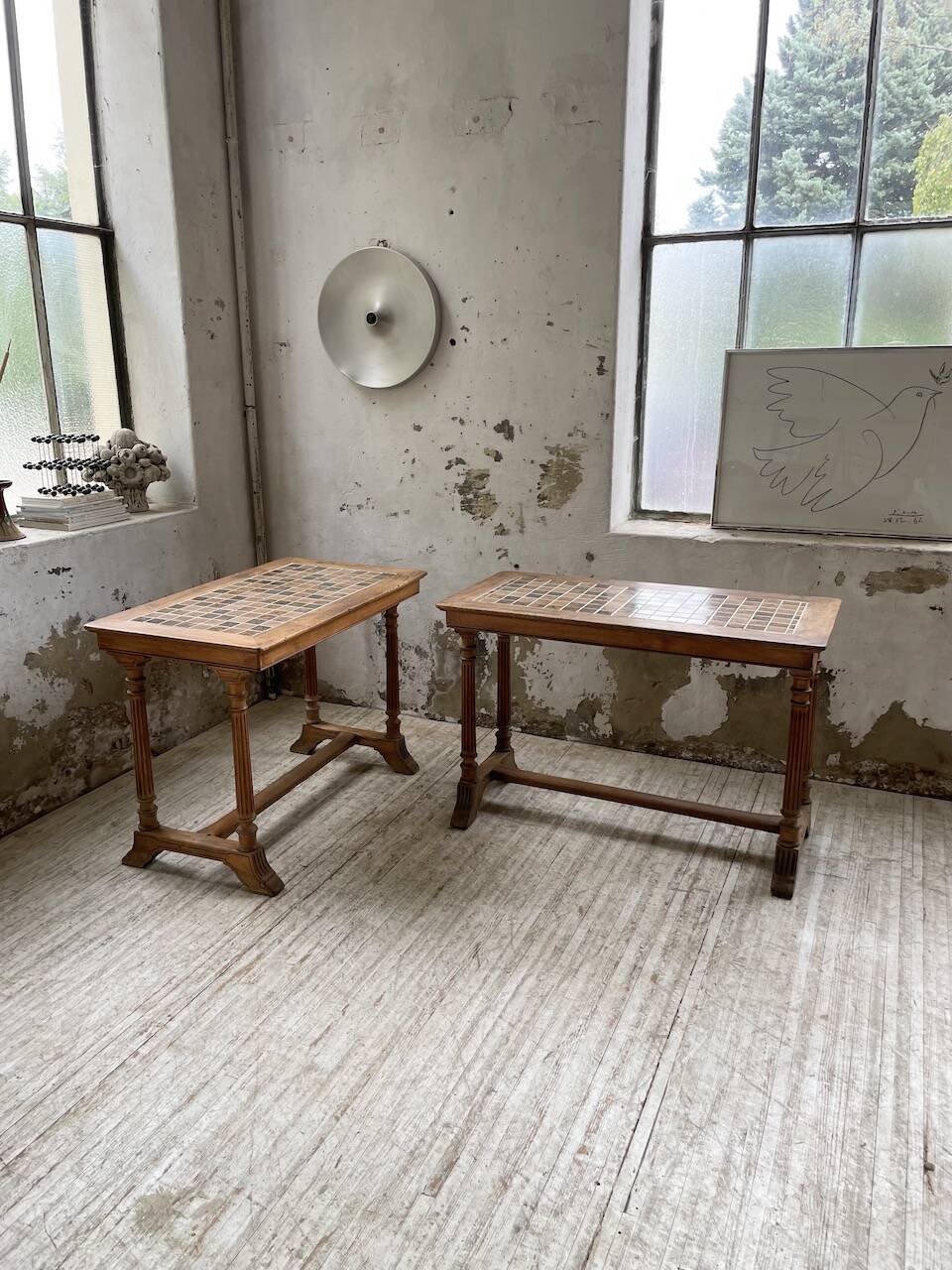 Set of two bistro tables in walnut and tiling from 1890.