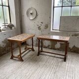 Set de deux tables bistrot en noyer et carrelage 1890