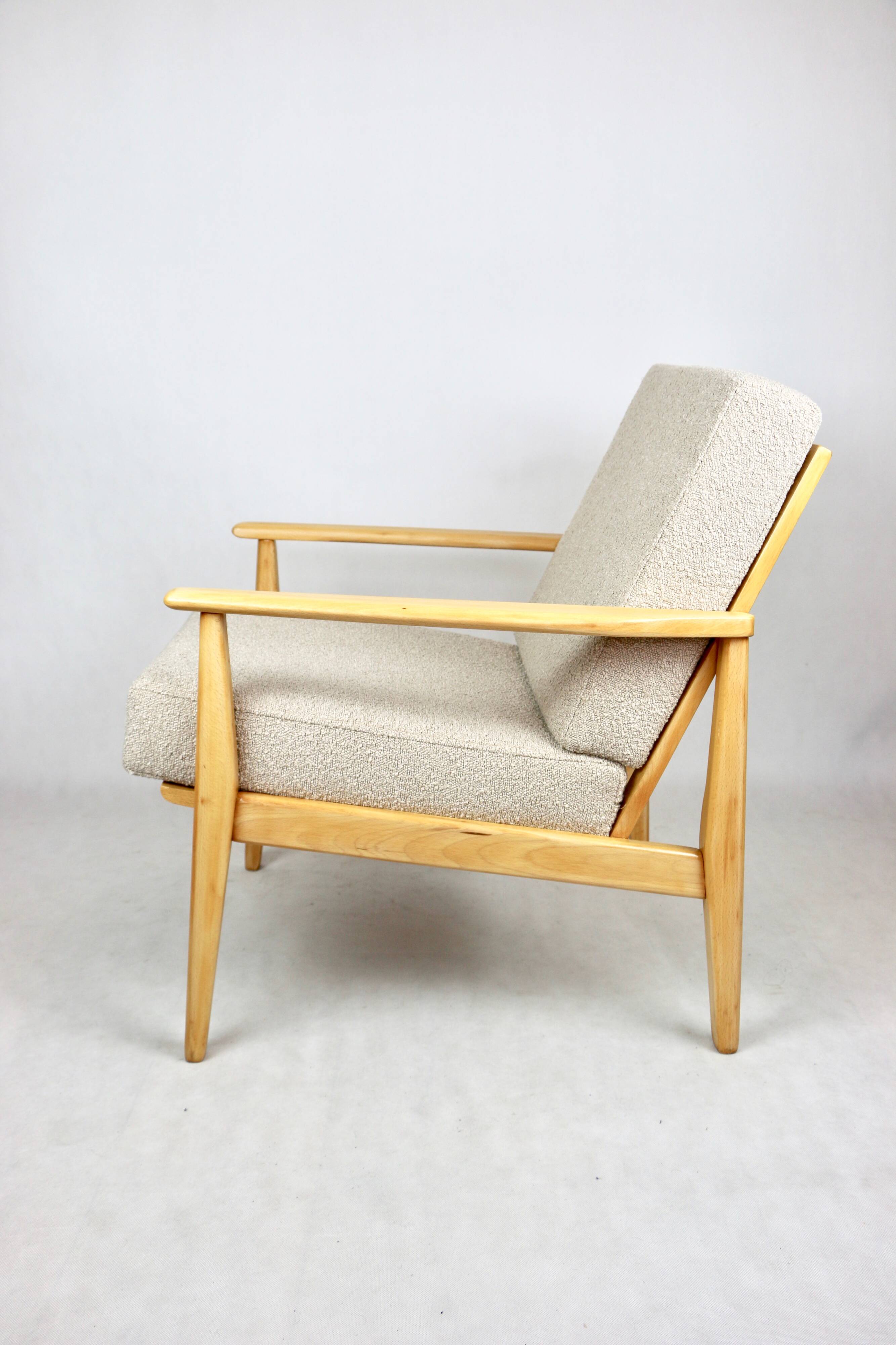 Vintage Danish armchair, 1970s, beige boucle - light wood - 2 pieces available
