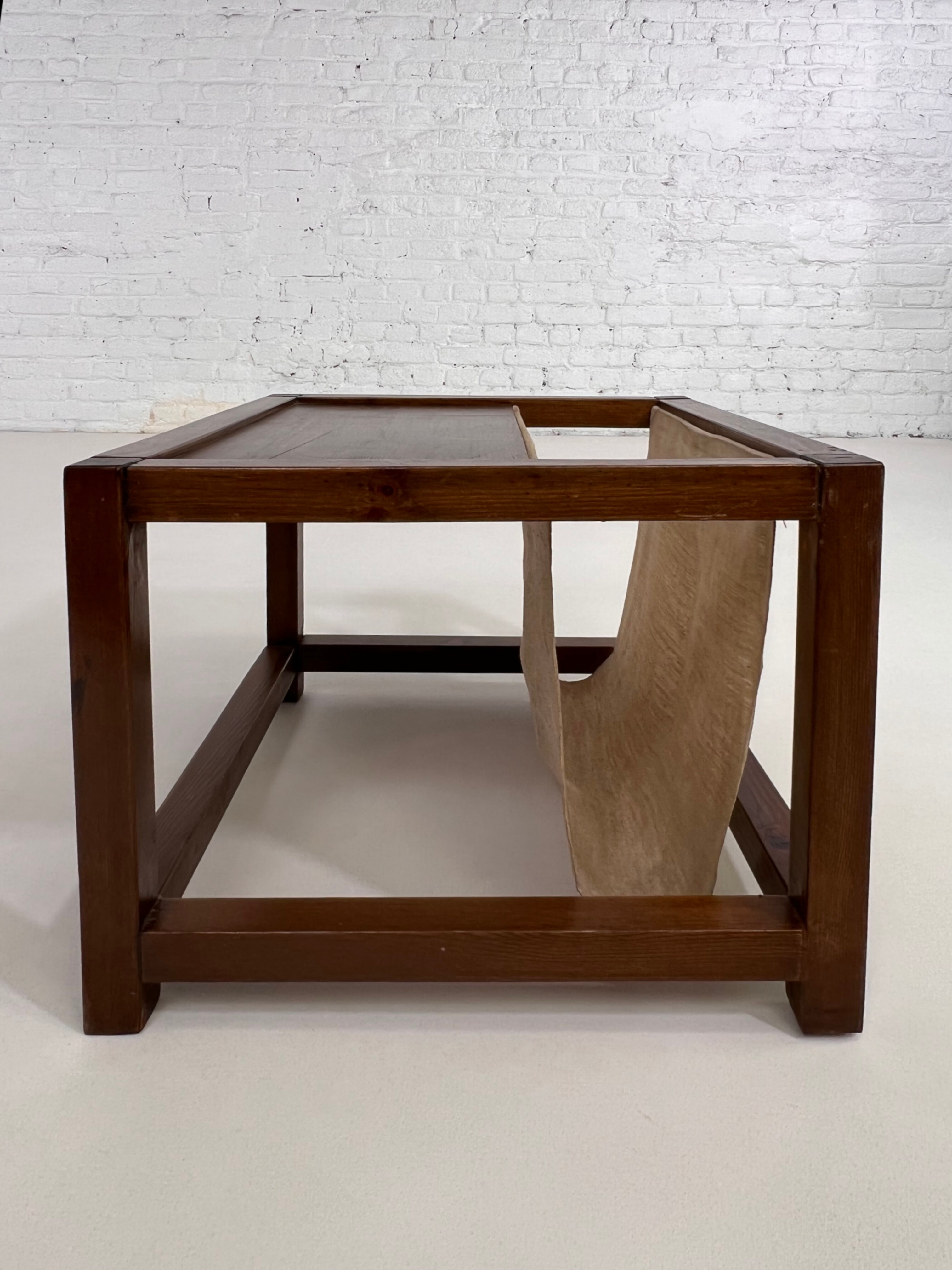 Vintage wooden sofa end with built-in fabric magazine holder