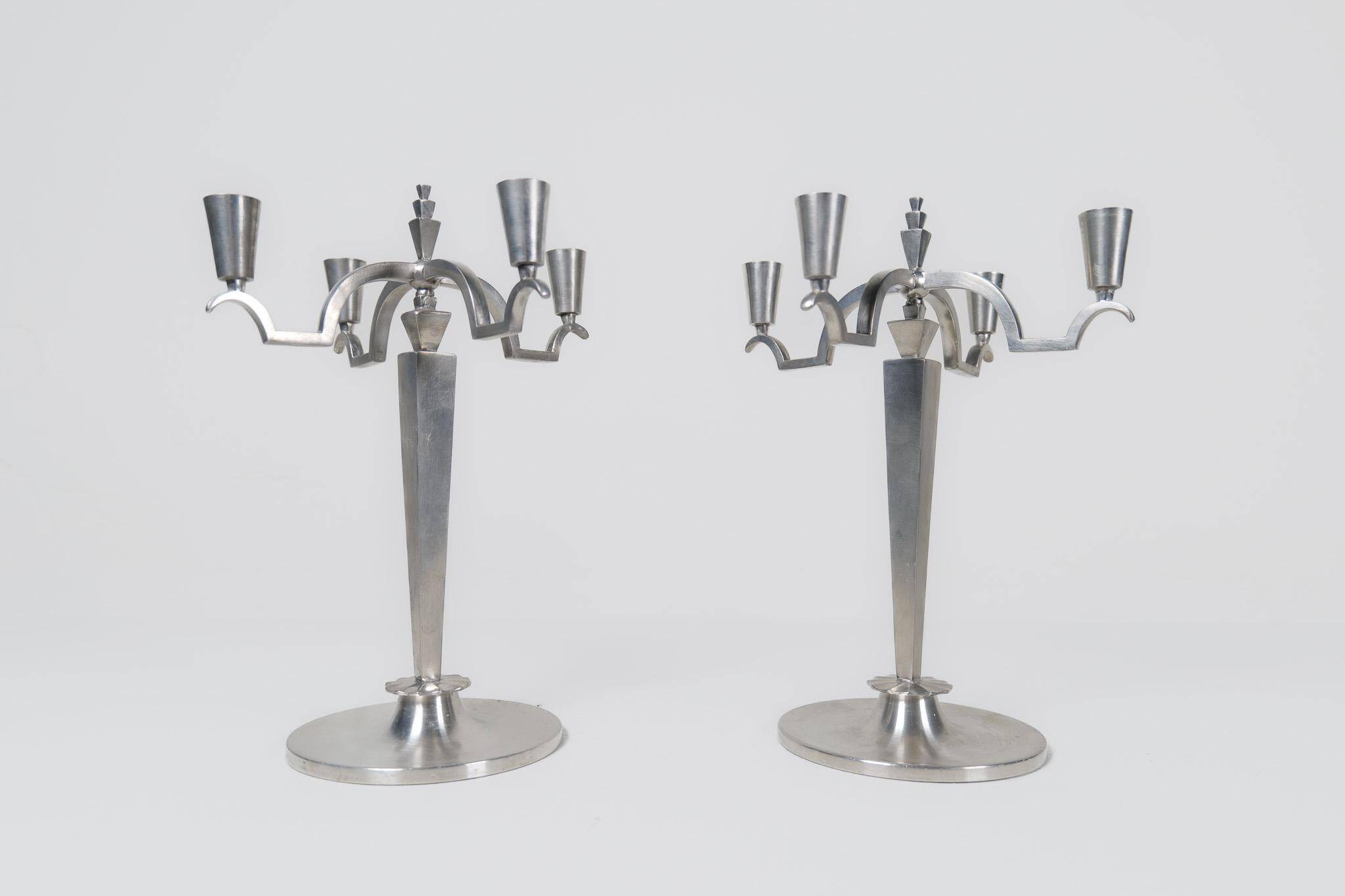 Sculptural Art Deco set of chandeliers in tin, Sweden, 1940s.