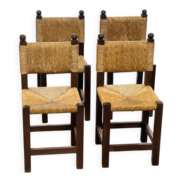 4 chaises brutalistes paille & bois