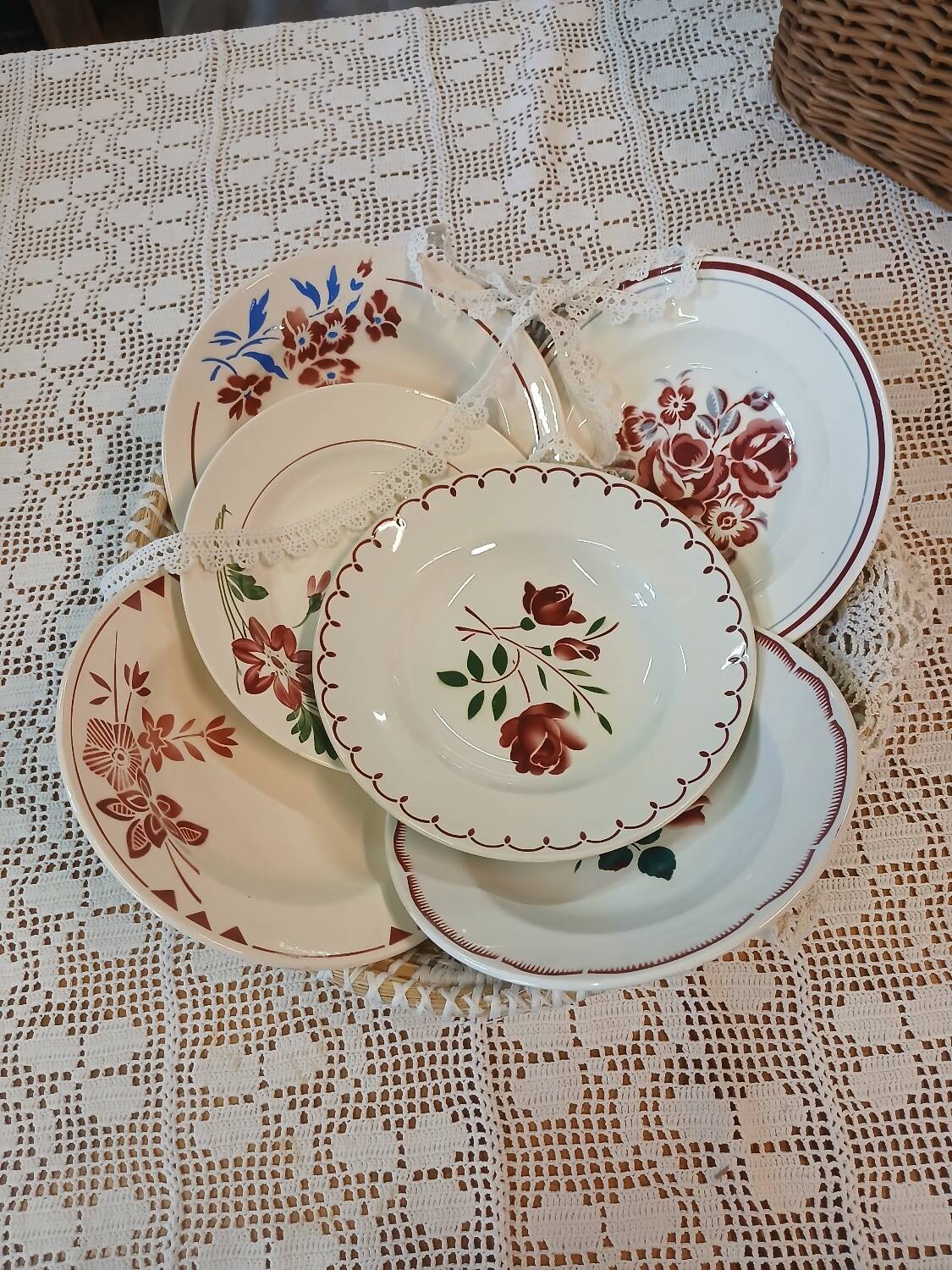 6 mismatched antique soup plates