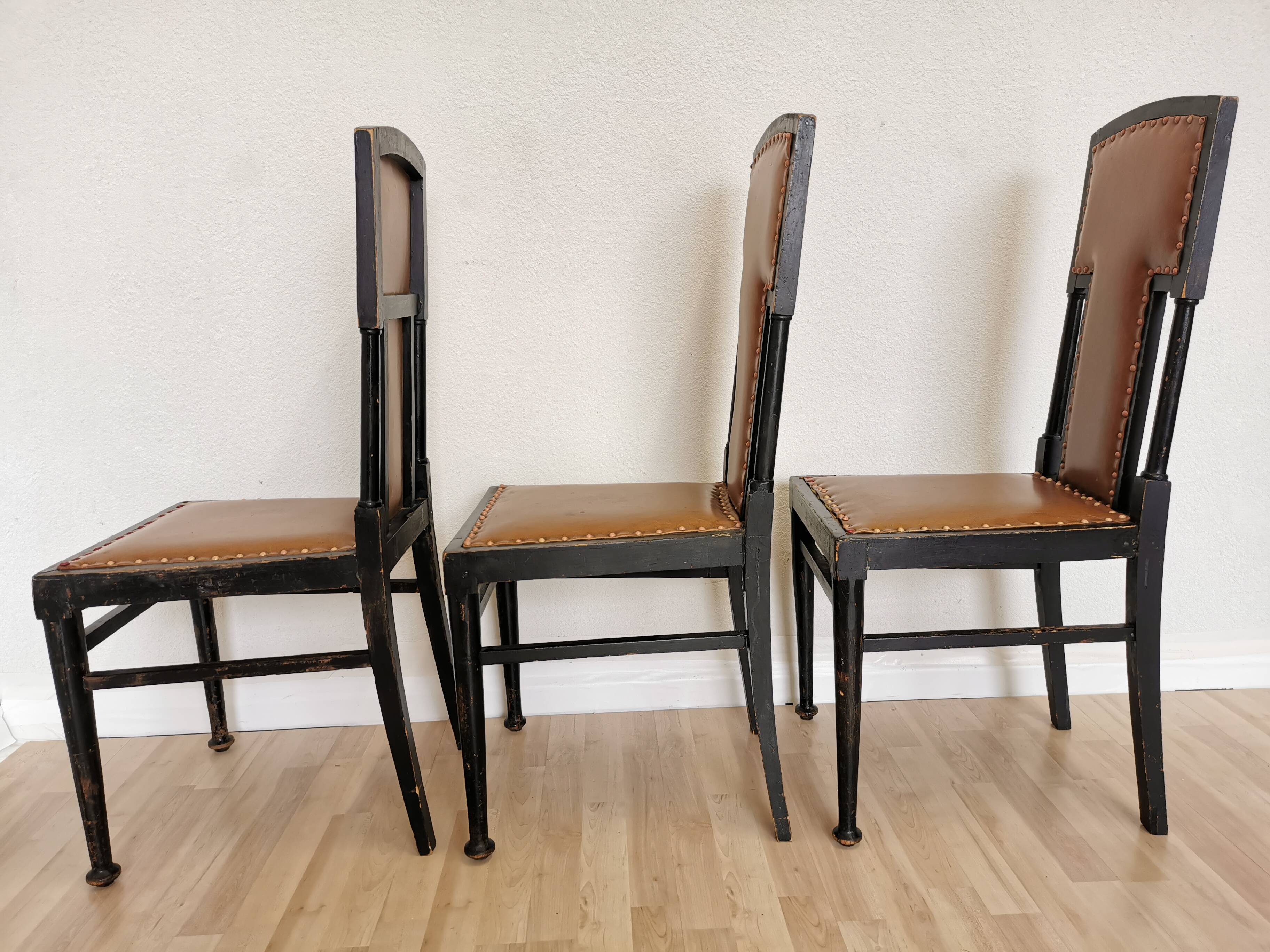 Set of 3 Vintage Dining Chairs: High Back, Leather Seat, Nailhead Trim