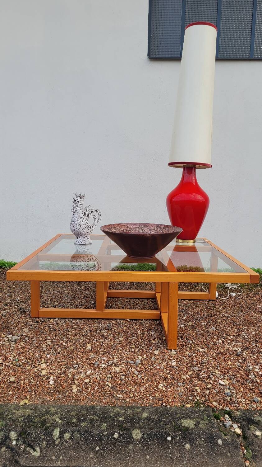 Modernist vintage square coffee table, in wood and old glass