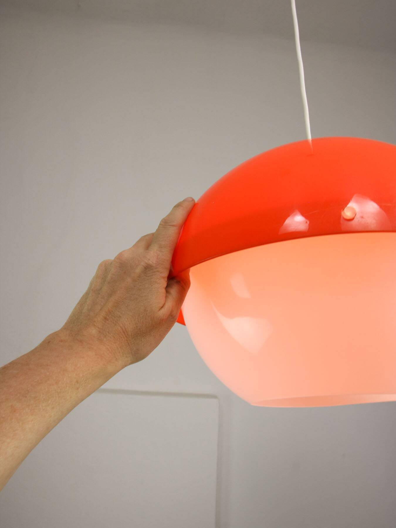 Italian Space Age Orange Plexiglass and Brass Pendant Lamp, 1970s