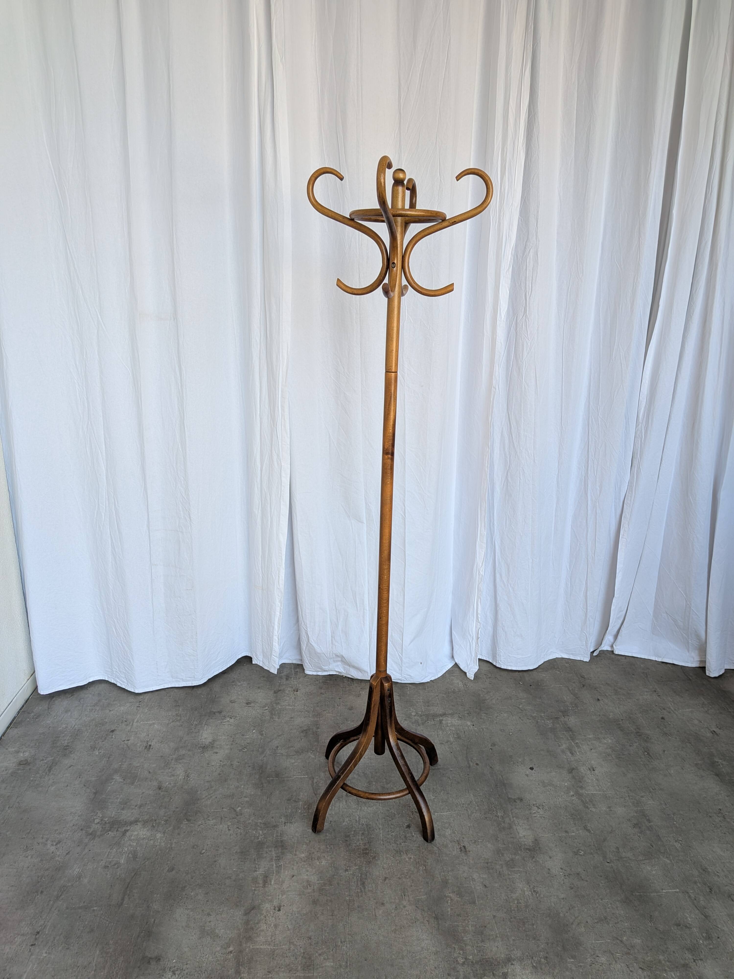 Porte-manteau vintage en bois cintré, arbre à hall Thonet, meuble d'entrée en bois foncé