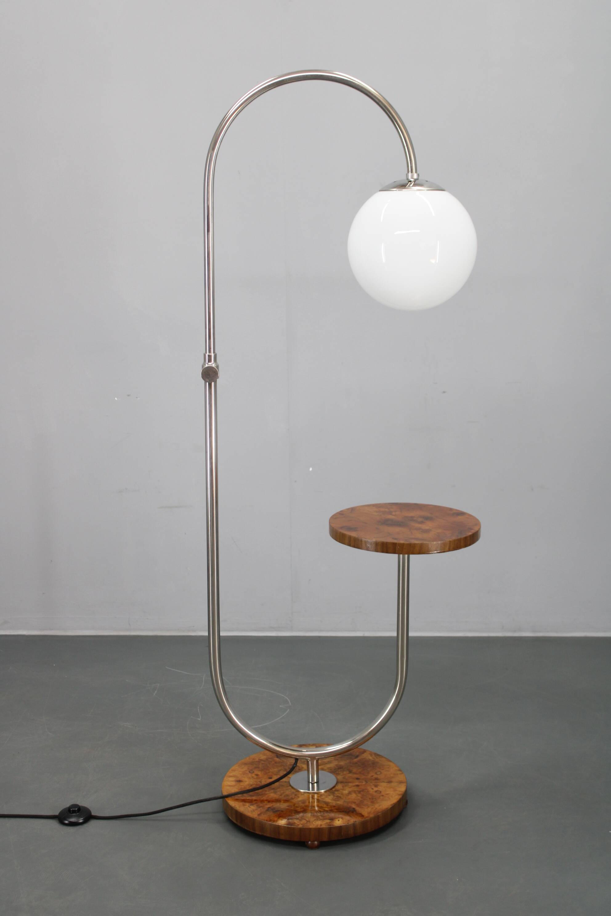 1930s Czechoslovak Art Deco chrome floor lamp with milk glass globe and table