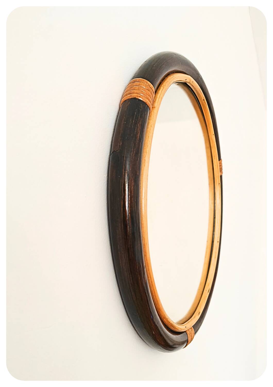 Miroir rond en bambou des années 1970