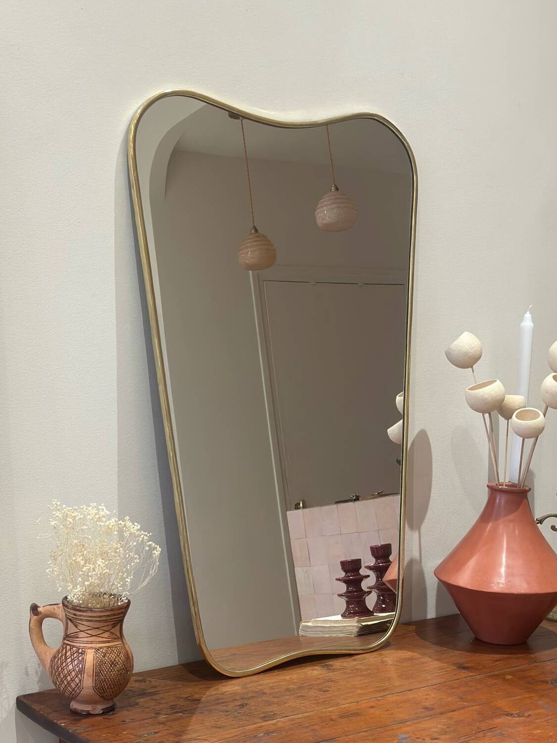 Miroir irrégulier organique trapèze barbier vintage Éden laiton doré