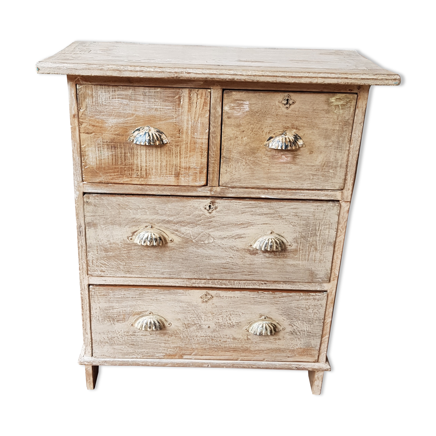 Commode 4 tiroirs en teck birman cérusé blanc