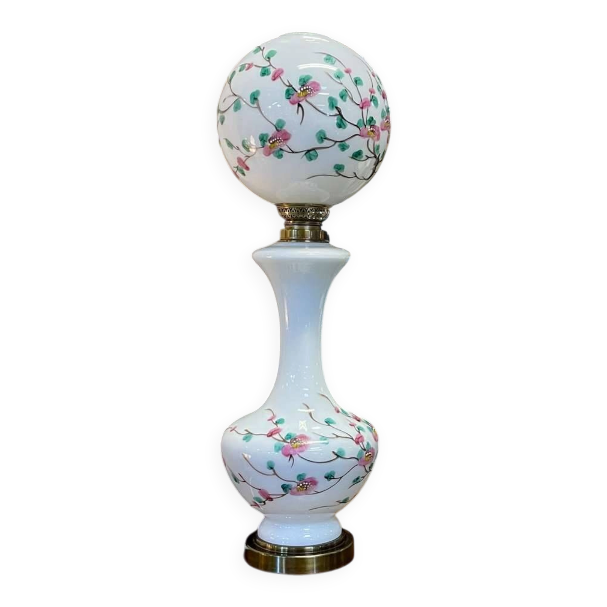 Napoleon III lamp in white opaline and painted with floral decoration - late 19th century