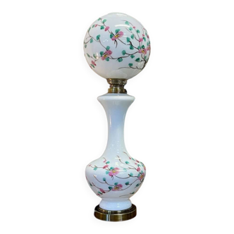 Napoleon III lamp in white opaline and painted with floral decoration - late 19th century