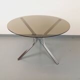 Vintage round dining table in smoked glass and chromed metal, Space Age style, from the 70s