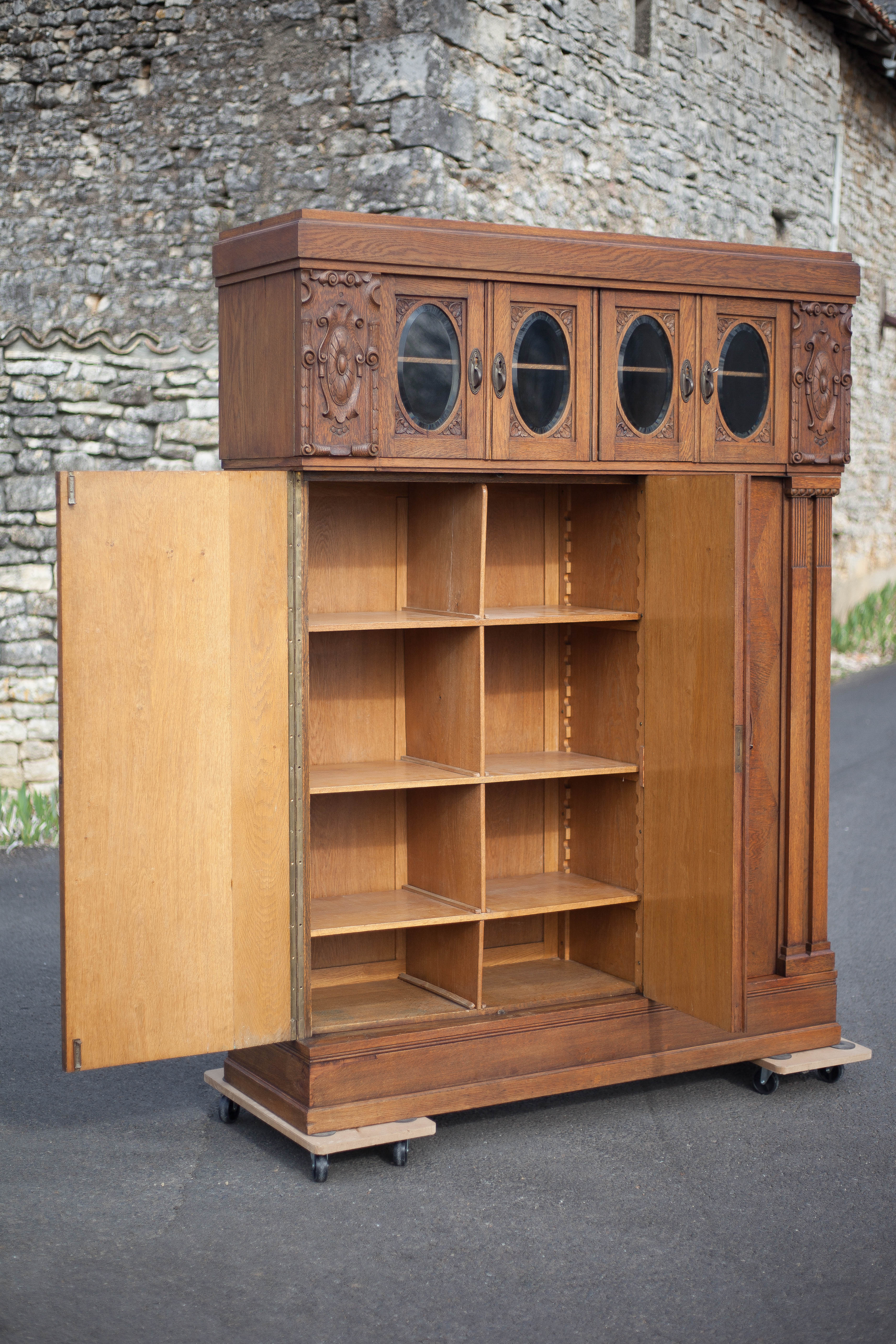 Bookcase carved wood 3 old doors, bookcase window beveled