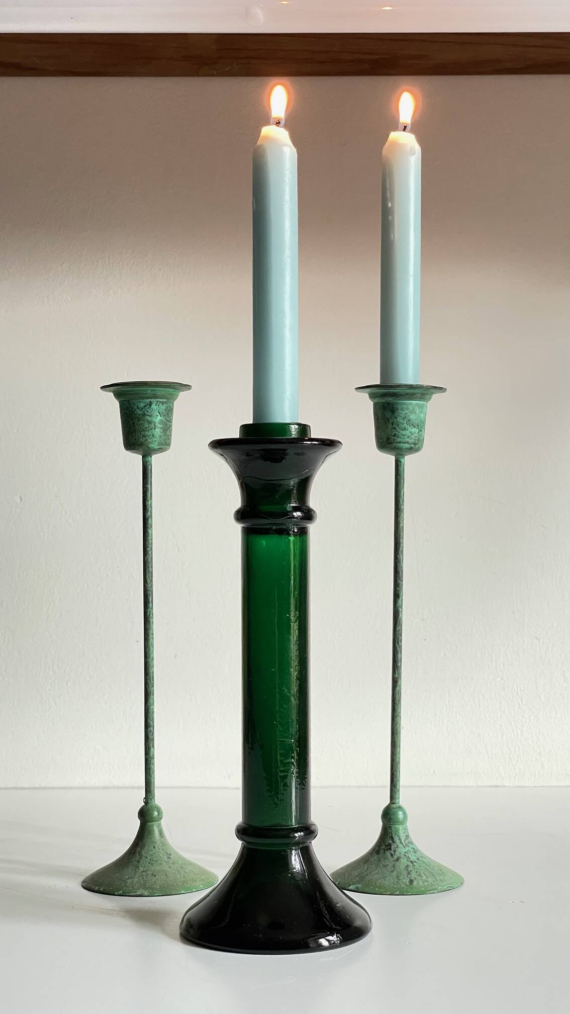 Vintage Glass and Metal Candlesticks Green
