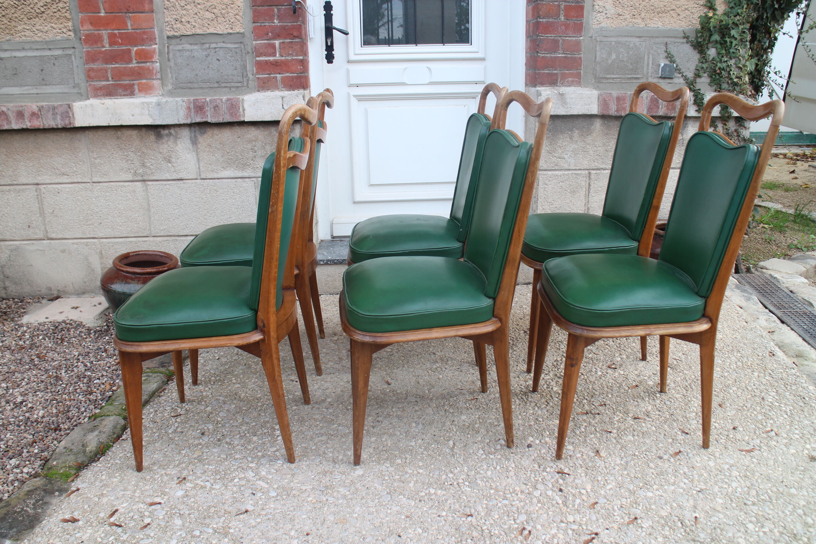 Série 6 chaises simili cuir vert 1950